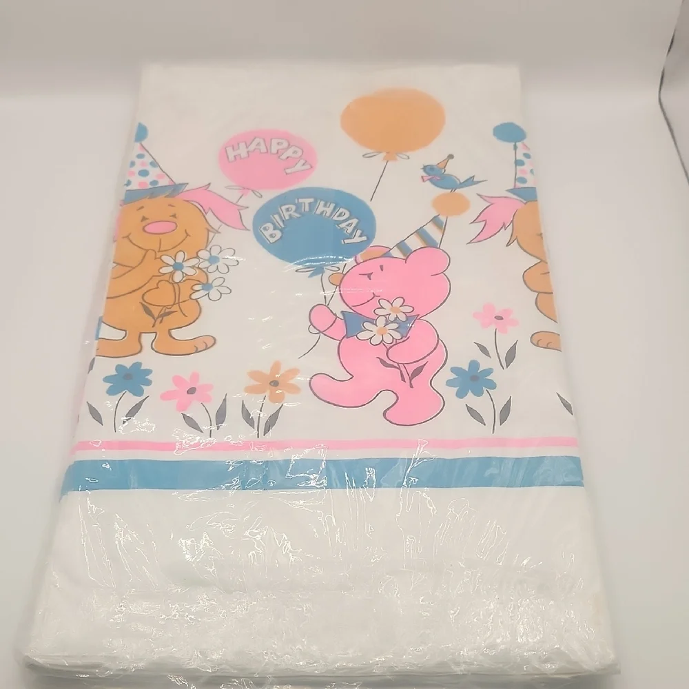 Vintage MCM Happy Birthday Table Cover with Cartoon Animals. New Old Stock.